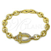 Oro Laminado Fancy Bracelet, Gold Filled Style Mariner and Puff Mariner Design, with White Micro Pave, Polished, Golden Finish, 03.283.0555.07