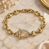 Oro Laminado Fancy Bracelet, Gold Filled Style Mariner and Puff Mariner Design, with White Micro Pave, Polished, Golden Finish, 03.283.0555.07 (Thickness, 7 Inches Length)