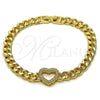 Oro Laminado Fancy Bracelet, Gold Filled Style Heart and Miami Cuban Design, with White Micro Pave, Polished, Golden Finish, 03.283.0557.07