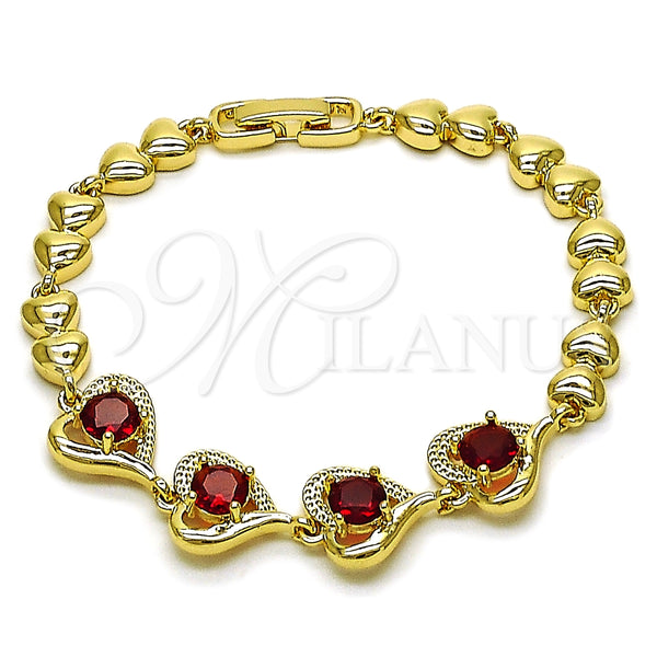 Oro Laminado Fancy Bracelet, Gold Filled Style Heart Design, with Garnet Cubic Zirconia, Polished, Golden Finish, 03.283.0558.07
