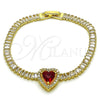 Oro Laminado Fancy Bracelet, Gold Filled Style Heart and Baguette Design, with Garnet and White Cubic Zirconia, Polished, Golden Finish, 03.283.0446.1.07