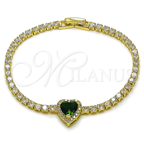 Oro Laminado Fancy Bracelet, Gold Filled Style Heart and Cluster Design, with Green and White Cubic Zirconia, Polished, Golden Finish, 03.283.0559.07
