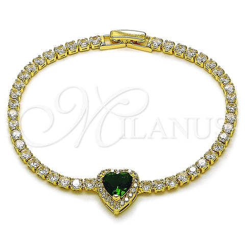 Oro Laminado Fancy Bracelet, Gold Filled Style Heart and Cluster Design, with Green and White Cubic Zirconia, Polished, Golden Finish, 03.283.0559.07 (03 MM Thickness, 7 Inches Length)