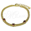Oro Laminado Fancy Bracelet, Gold Filled Style Heart and Miami Cuban Design, with Garnet Cubic Zirconia, Polished, Golden Finish, 03.213.0424.07
