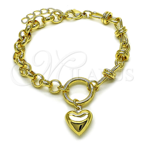 Oro Laminado Charm Bracelet, Gold Filled Style Heart and Rolo Design, Polished, Golden Finish, 03.213.0425.07 (07 MM Thickness, 7 Inches Length)