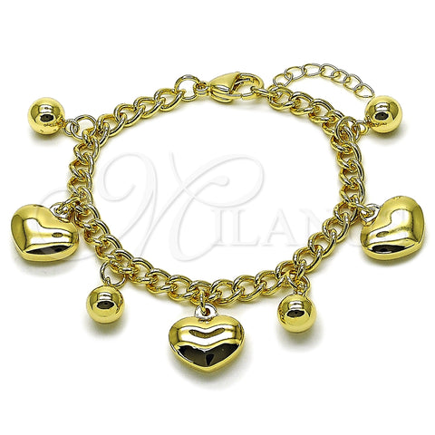Oro Laminado Charm Bracelet, Gold Filled Style Heart and Miami Cuban Design, Polished, Golden Finish, 03.213.0426.07