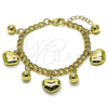 Oro Laminado Charm Bracelet, Gold Filled Style Heart and Miami Cuban Design, Polished, Golden Finish, 03.213.0426.07