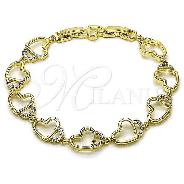 Oro Laminado Tennis Bracelet, Gold Filled Style Heart Design, with White Cubic Zirconia, Polished, Golden Finish, 03.213.0427.08