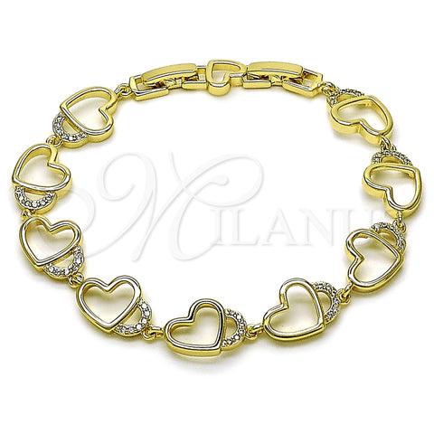 Oro Laminado Tennis Bracelet, Gold Filled Style Heart Design, with White Cubic Zirconia, Polished, Golden Finish, 03.213.0427.08