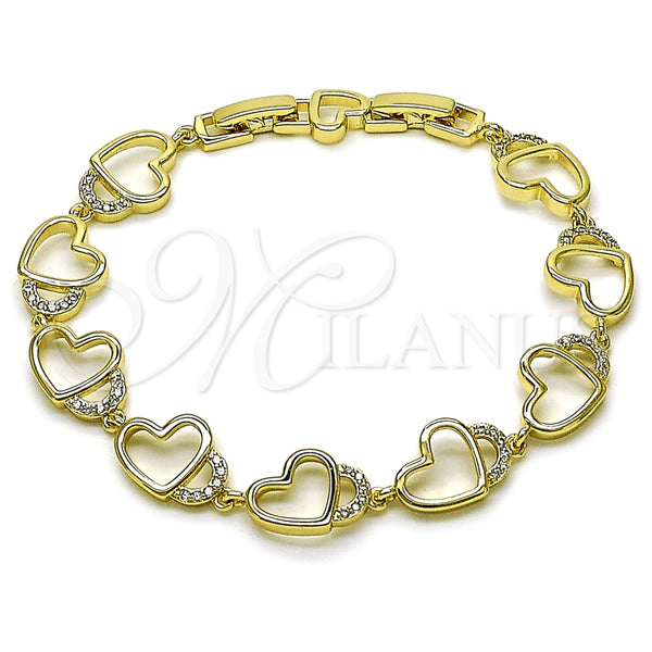 Oro Laminado Tennis Bracelet, Gold Filled Style Heart Design, with White Cubic Zirconia, Polished, Golden Finish, 03.213.0427.08 (10 MM Thickness, 8 Inches Length)
