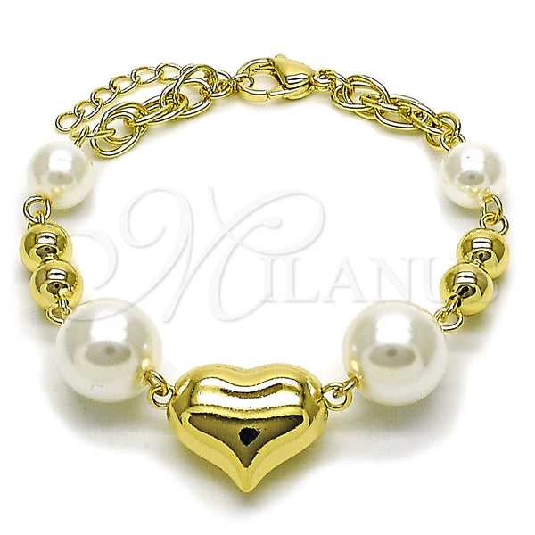 Oro Laminado Fancy Bracelet, Gold Filled Style Heart and Ball Design, with Ivory Pearl, Polished, Golden Finish, 03.213.0428.07