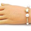Oro Laminado Fancy Bracelet, Gold Filled Style Heart and Ball Design, with Ivory Pearl, Polished, Golden Finish, 03.213.0428.07 (15 MM Thickness, 7 Inches Length)