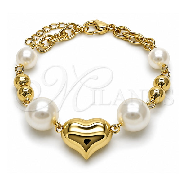 Oro Laminado Fancy Bracelet, Gold Filled Style Heart and Ball Design, with Ivory Pearl, Polished, Golden Finish, 03.213.0428.07 (15 MM Thickness, 7 Inches Length)