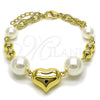 Oro Laminado Fancy Bracelet, Gold Filled Style Heart and Ball Design, with Ivory Pearl, Polished, Golden Finish, 03.213.0428.07 (15 MM Thickness, 7 Inches Length)