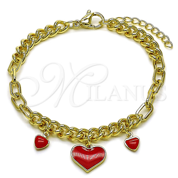 Oro Laminado Fancy Bracelet, Gold Filled Style Heart and Paperclip Design, Red Enamel Finish, Golden Finish, 03.213.0429.07 (Thickness, 7 Inches Length)