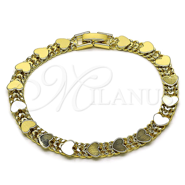 Oro Laminado Fancy Bracelet, Gold Filled Style Heart and Bismark Design, Polished, Golden Finish, 03.213.0430.08