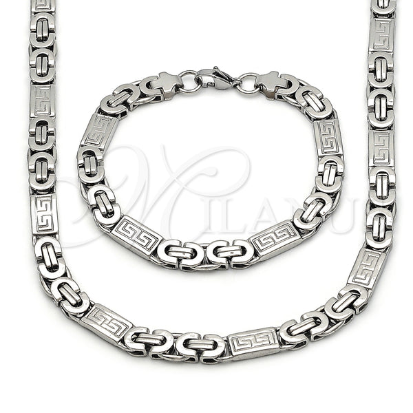 Stainless Steel Necklace and Bracelet, Greek Key Design, Polished, Steel Finish, 06.116.0079.22