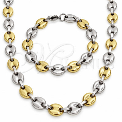 Stainless Steel Necklace and Bracelet, Puff Mariner Design, Polished, Golden Finish, 06.116.0036.22