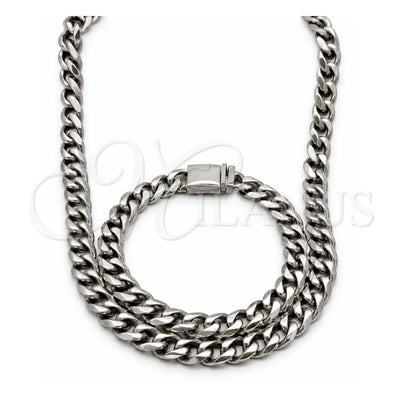 Stainless Steel Necklace and Bracelet, Miami Cuban and Box Lock Design, Polished, Steel Finish, 06.63.0313.30