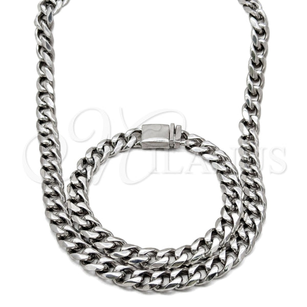 Stainless Steel Necklace and Bracelet, Miami Cuban Design, Polished, Steel Finish, 06.63.0313.30