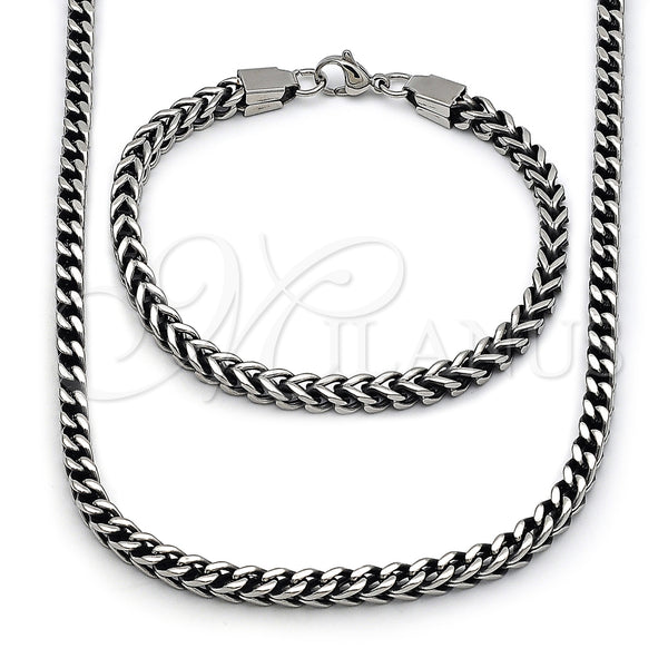 Stainless Steel Necklace and Bracelet, Square Franco Design, Polished, Steel Finish, 06.435.0008.24