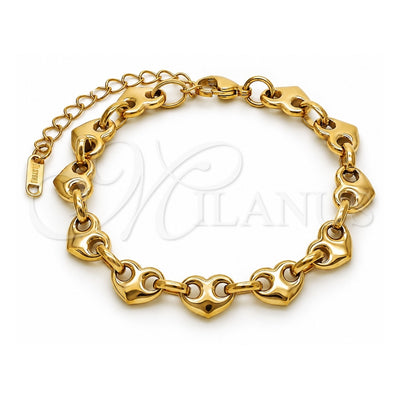 Stainless Steel Fancy Bracelet, Heart Design, Polished, Golden Finish, 03.435.0013.07 (Thickness, 8 Inches Length)
