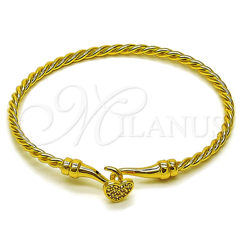 Oro Laminado Individual Bangle, Gold Filled Style Heart Design, with White Micro Pave, Polished, Golden Finish, 07.282.0079.04