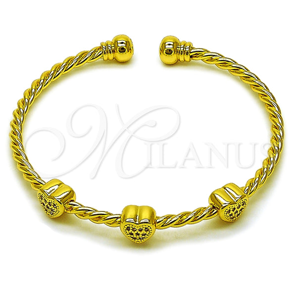Oro Laminado Individual Bangle, Gold Filled Style Heart and Twist Design, with White Micro Pave, Polished, Golden Finish, 07.282.0080