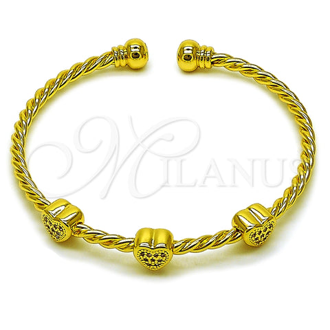 Oro Laminado Individual Bangle, Gold Filled Style Heart and Twist Design, with White Micro Pave, Polished, Golden Finish, 07.282.0080