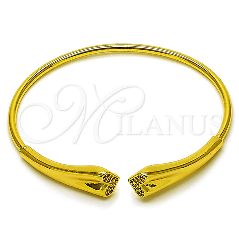 Oro Laminado Individual Bangle, Gold Filled Style Heart Design, with White Micro Pave, Polished, Golden Finish, 07.282.0081