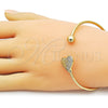 Oro Laminado Individual Bangle, Gold Filled Style Heart and Ball Design, with White Cubic Zirconia, Polished, Golden Finish, 07.282.0083