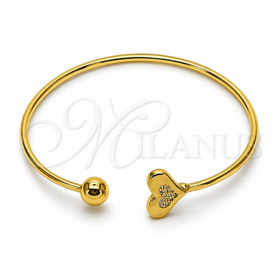 Oro Laminado Individual Bangle, Gold Filled Style Heart and Ball Design, with White Micro Pave, Polished, Golden Finish, 07.282.0085 (Thickness, One size fits all)