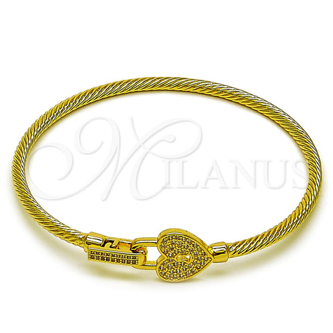 Oro Laminado Individual Bangle, Gold Filled Style Heart and Lock Design, with White Micro Pave, Polished, Golden Finish, 07.282.0086.05 (Thickness, Size 5 (2.50 Diameter))