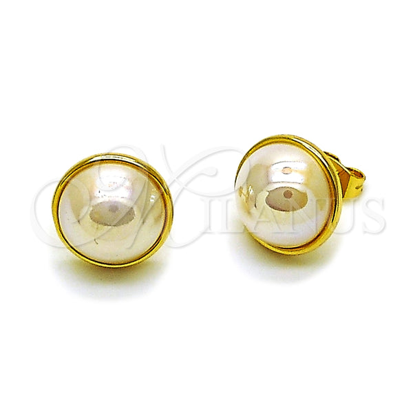 Oro Laminado Stud Earring, Gold Filled Style Ball Design, with Ivory Mother of Pearl, Polished, Golden Finish, 02.282.0116