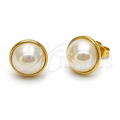 Oro Laminado Stud Earring, Gold Filled Style Ball Design, with Ivory Mother of Pearl, Polished, Golden Finish, 02.282.0116