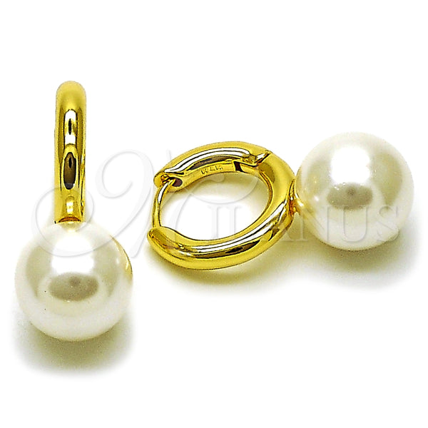 Oro Laminado Huggie Hoop, Gold Filled Style Ball Design, with Ivory Pearl, Polished, Golden Finish, 02.282.0120.18