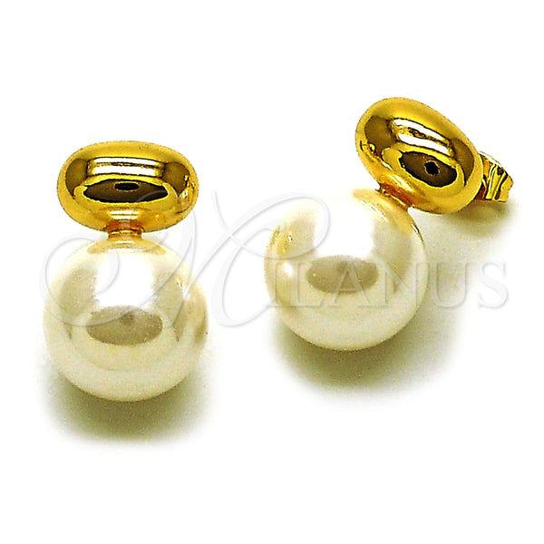Oro Laminado Stud Earring, Gold Filled Style Ball Design, with Ivory Pearl, Polished, Golden Finish, 02.282.0122