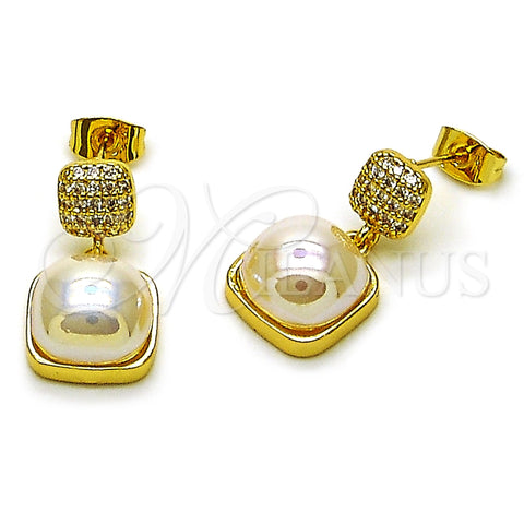 Oro Laminado Dangle Earring, Gold Filled Style with Ivory Mother of Pearl and White Micro Pave, Polished, Golden Finish, 02.282.0123