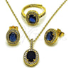 Oro Laminado Necklace, Earring and Ring, Gold Filled Style Cluster Design, with Sapphire Blue and White Cubic Zirconia, Polished, Golden Finish, 06.424.0001.1