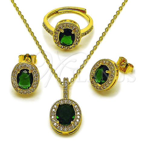 Oro Laminado Necklace, Earring and Ring, Gold Filled Style Cluster Design, with Green and White Cubic Zirconia, Polished, Golden Finish, 06.424.0001.2