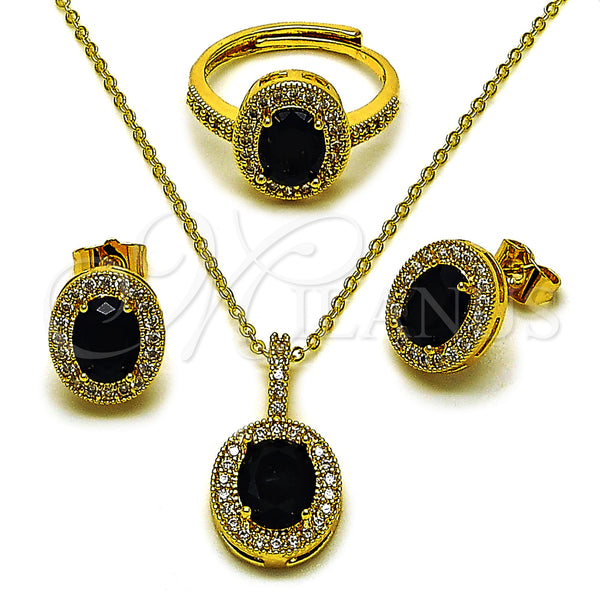Oro Laminado Necklace, Earring and Ring, Gold Filled Style Cluster Design, with Black and White Cubic Zirconia, Polished, Golden Finish, 06.424.0001.5