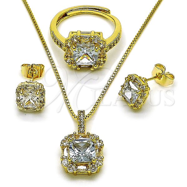 Oro Laminado Necklace, Earring and Ring, Gold Filled Style Cluster and Baguette Design, with White Cubic Zirconia, Polished, Golden Finish, 06.424.0002