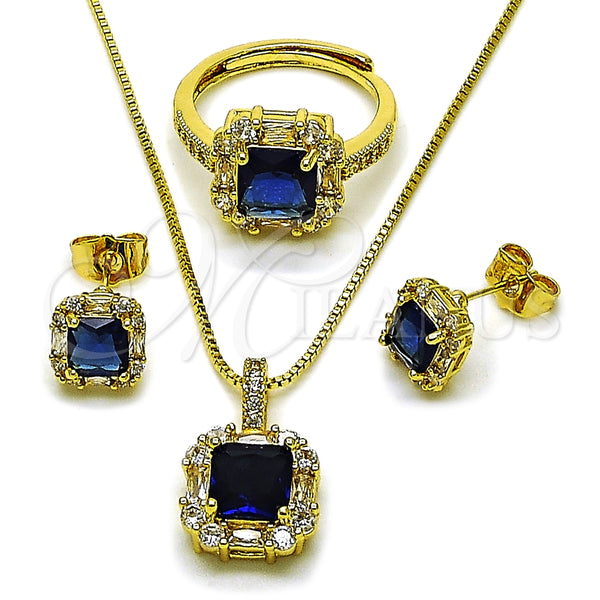 Oro Laminado Necklace, Earring and Ring, Gold Filled Style Cluster and Baguette Design, with Sapphire Blue and White Cubic Zirconia, Polished, Golden Finish, 06.424.0002.1