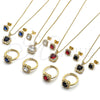 Oro Laminado Necklace, Earring and Ring, Gold Filled Style Cluster and Baguette Design, with Sapphire Blue and White Cubic Zirconia, Polished, Golden Finish, 06.424.0002.1