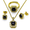 Oro Laminado Necklace, Earring and Ring, Gold Filled Style Cluster and Baguette Design, with Black and White Cubic Zirconia, Polished, Golden Finish, 06.424.0002.2