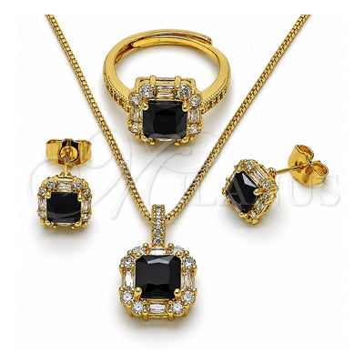 Oro Laminado Necklace, Earring and Ring, Gold Filled Style Cluster and Baguette Design, with Black and White Cubic Zirconia, Polished, Golden Finish, 06.424.0002.2