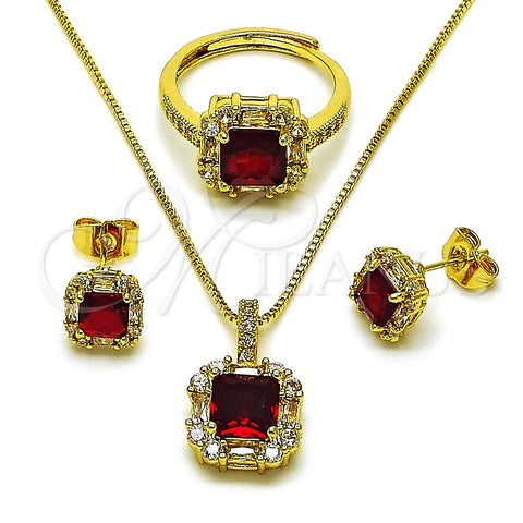 Oro Laminado Necklace, Earring and Ring, Gold Filled Style Cluster and Baguette Design, with Garnet and White Cubic Zirconia, Polished, Golden Finish, 06.424.0002.3
