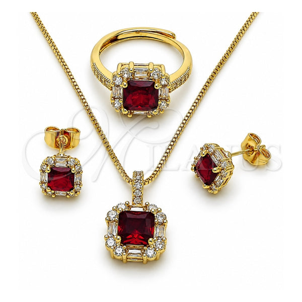 Oro Laminado Necklace, Earring and Ring, Gold Filled Style Cluster and Baguette Design, with Garnet and White Cubic Zirconia, Polished, Golden Finish, 06.424.0002.3