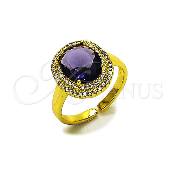 Oro Laminado Multi Stone Ring, Gold Filled Style Cluster Design, with Amethyst Cubic Zirconia and White Micro Pave, Polished, Golden Finish, 01.424.0001.4