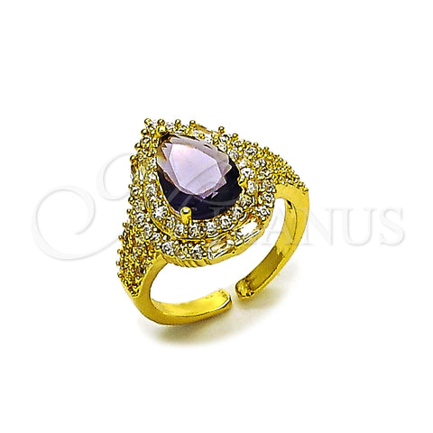 Oro Laminado Multi Stone Ring, Gold Filled Style Cluster and Teardrop Design, with Amethyst and White Cubic Zirconia, Polished, Golden Finish, 01.424.0002.4 (One size fits all)